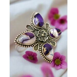 Purple Copper Dahlia Turquoise Sterling Silver Ring Size 8